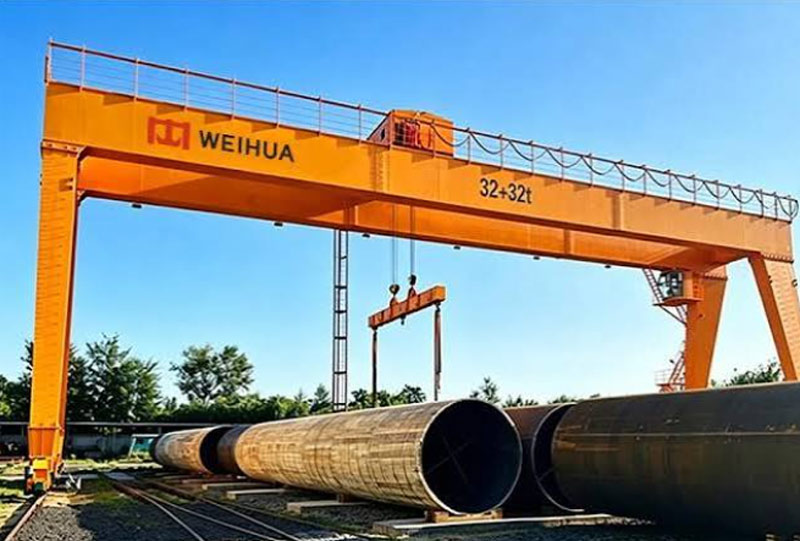 gantry crane equipped with a spreader beam for steel pipe handling